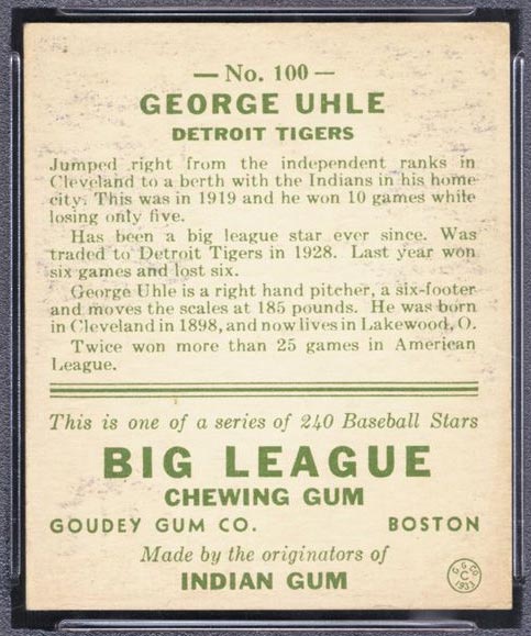 1933 Goudey #100 George Uhle Detroit Tigers - Back