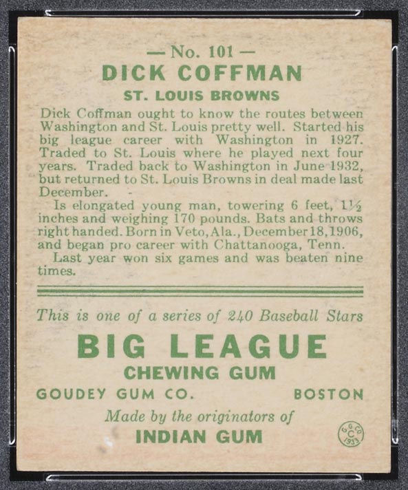 1933 Goudey #101 Richard Coffman St. Louis Browns - Back