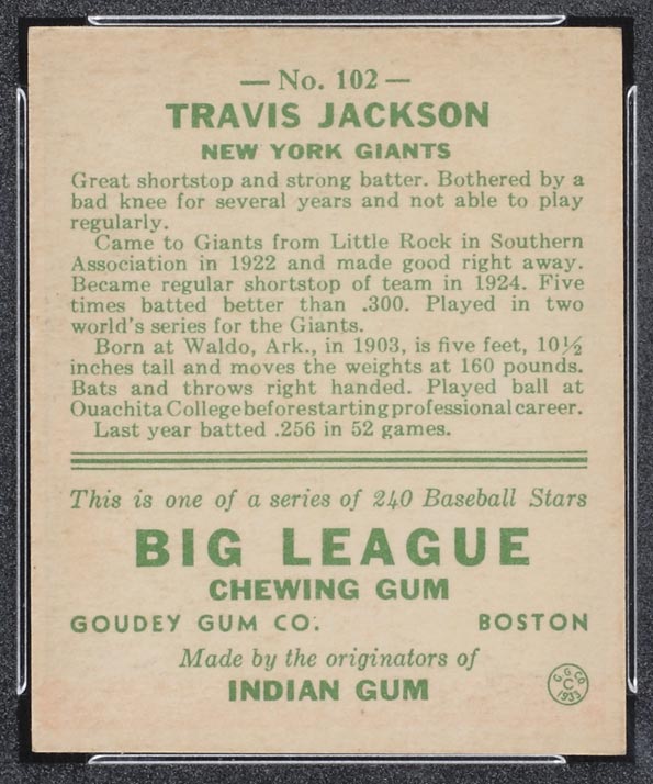 1933 Goudey #102 Travis C. Jackson New York Giants - Back