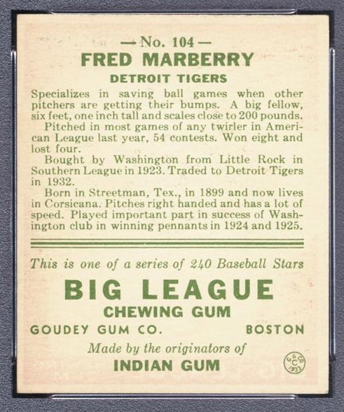 1933 Goudey #104 Fred Marberry Detroit Tigers - Back