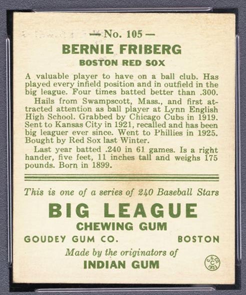 1933 Goudey #105 Bernie Friberg Boston Red Sox - Back