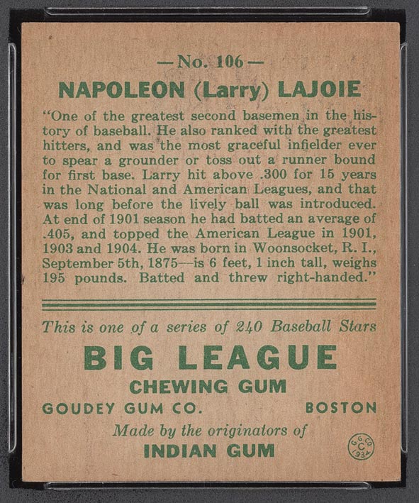 1933 Goudey #106 Napoleon (Larry) Lajoie Cleveland Naps - Back