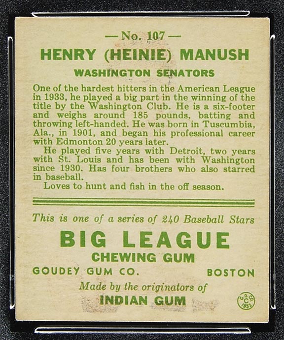 1933 Goudey #107 Henry (Heinie) Manush Washington Senators - Back