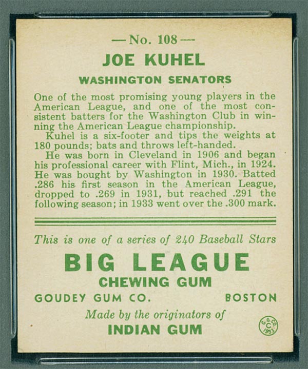 1933 Goudey #108 Joe Kuhel Washington Senators - Back