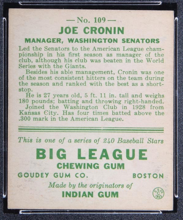 1933 Goudey #109 Joe Cronin Washington Senators - Back