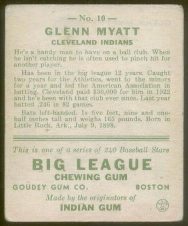 1933 Goudey #10 Glenn Myatt Cleveland Indians - Back