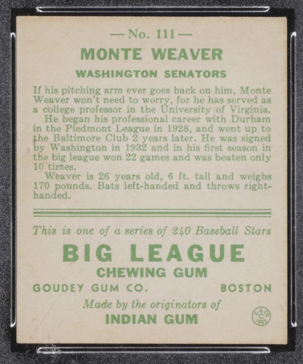 1933 Goudey #111 Monte Weaver Washington Senators - Back