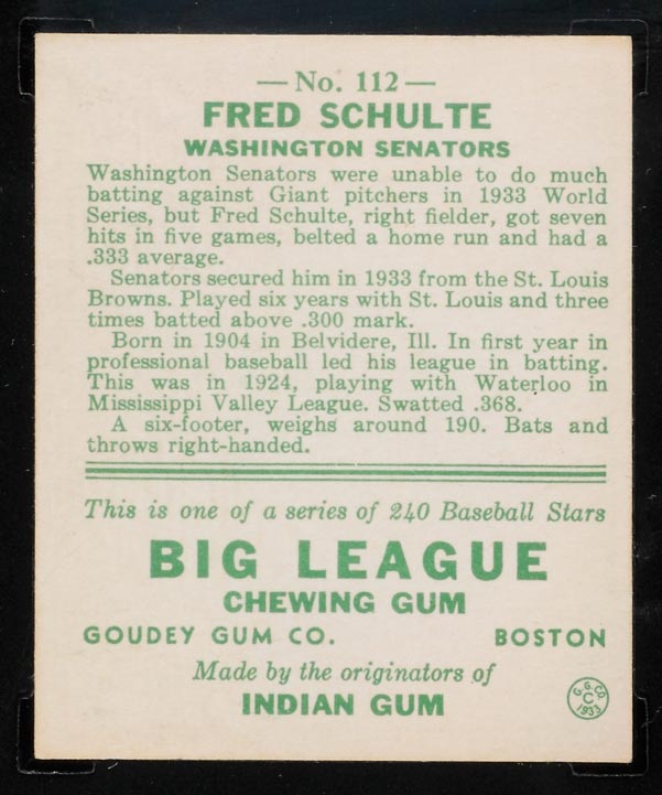 1933 Goudey #112 Fred Schulte Washington Senators - Back