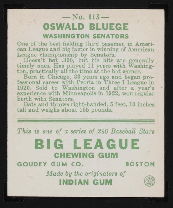 1933 Goudey #113 Oswald Bluege Washington Senators - Back