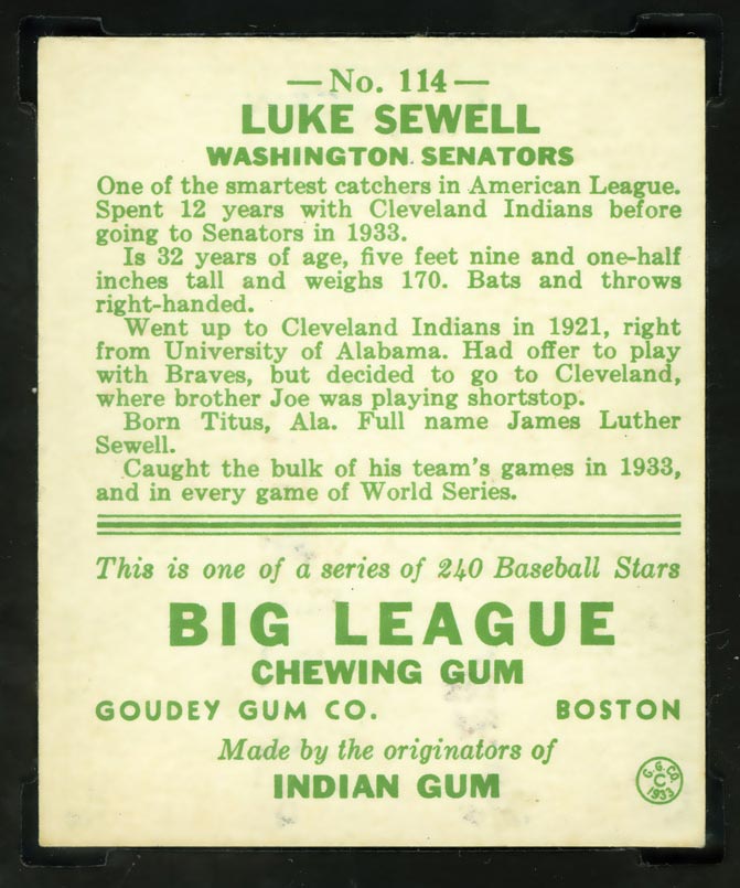 1933 Goudey #114 Luke Sewell Washington Senators - Back