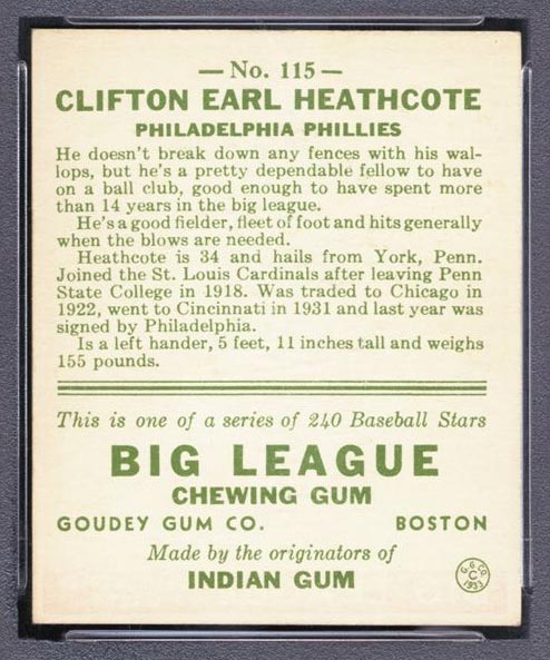 1933 Goudey #115 Clifton Earl Heathcote Philadelphia Phillies - Back