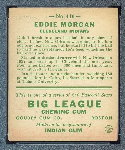 1933 Goudey #116 Eddie Morgan Cleveland Indians - Back