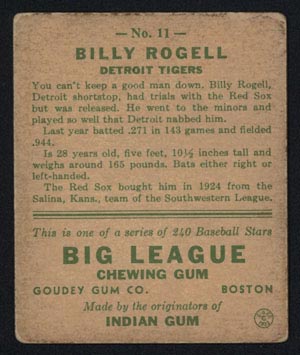 1933 Goudey #11 Billy Rogell Detroit Tigers - Back
