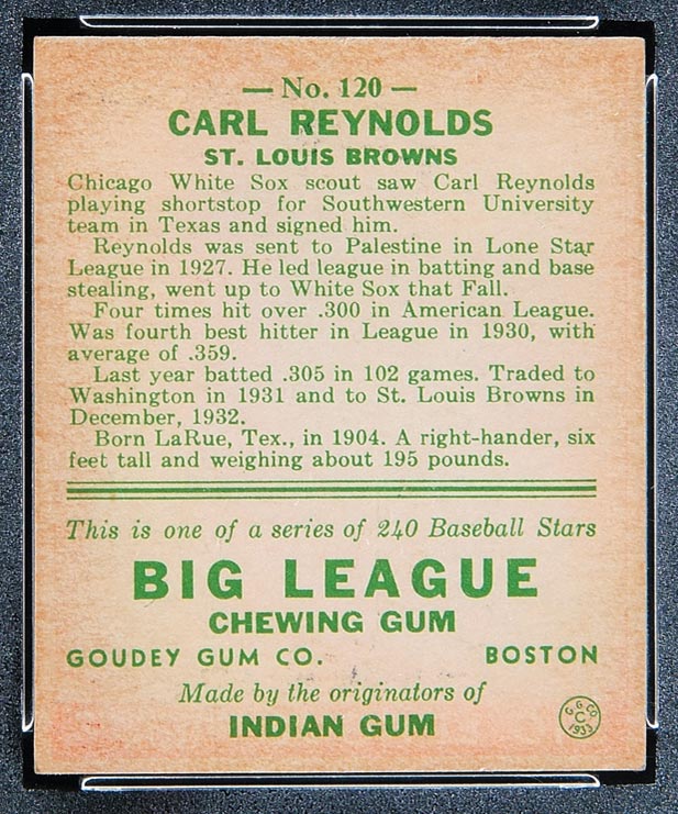 1933 Goudey #120 Carl Reynolds St. Louis Browns - Back