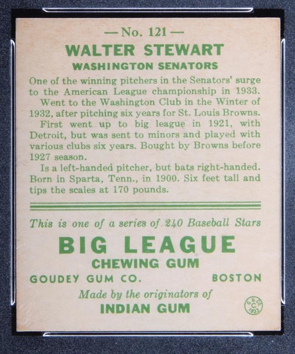 1933 Goudey #121 Walter Stewart Washington Senators - Back