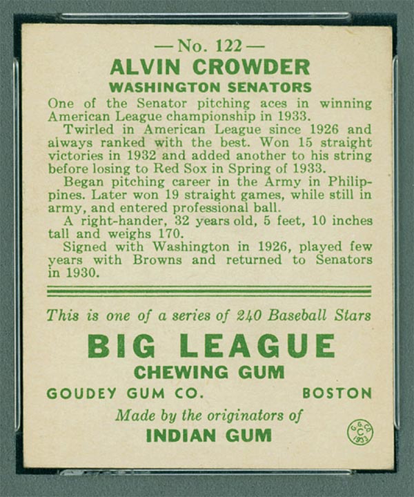 1933 Goudey #122 Alvin Crowder Washington Senators - Back