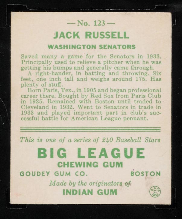 1933 Goudey #123 Jack Russell Washington Senators - Back