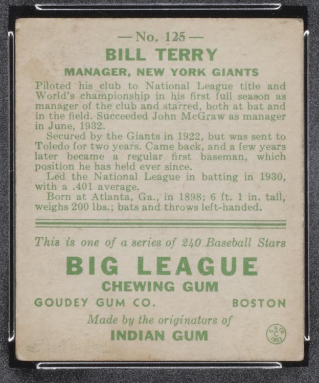 1933 Goudey #125 Bill Terry New York Giants - Back