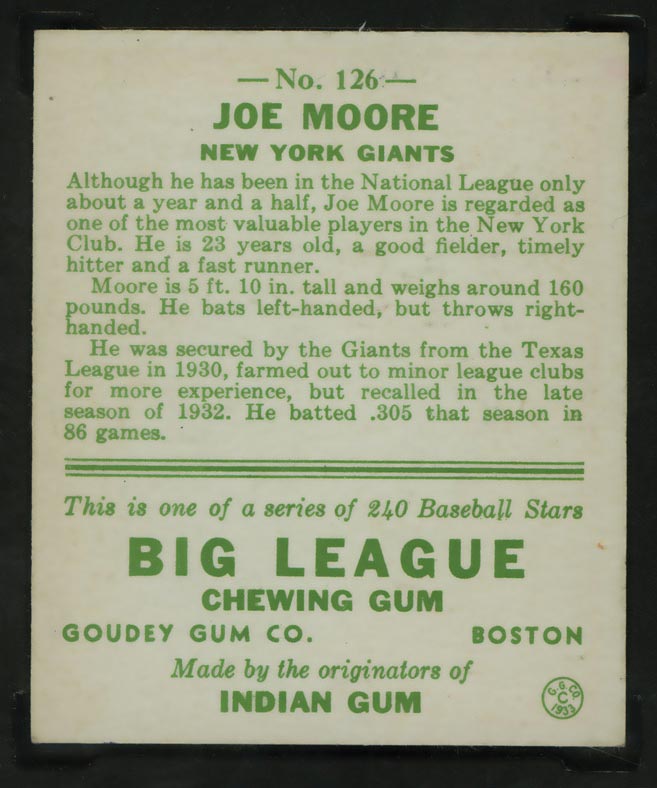 1933 Goudey #126 Joe Moore New York Giants - Back