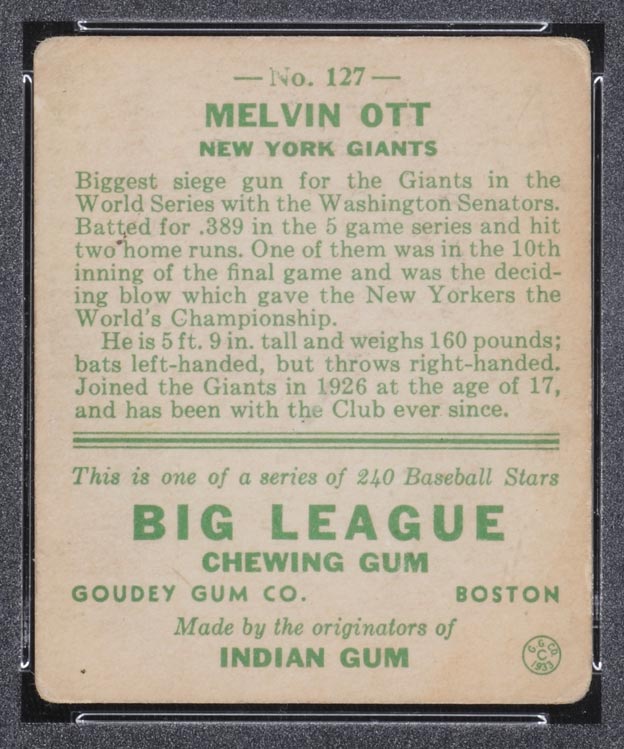 1933 Goudey #127 Melvin Ott New York Giants - Back