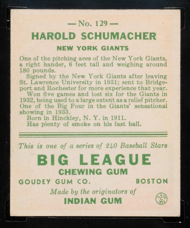 1933 Goudey #129 Harold Schumacher New York Giants - Back