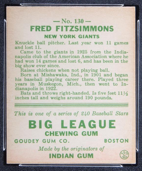 1933 Goudey #130 Fred Fitzsimmons New York Giants - Back