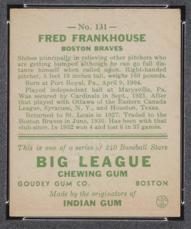 1933 Goudey #131 Fred Frankhouse Boston Braves - Back