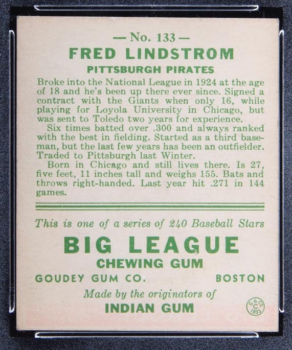 1933 Goudey #133 Fred Lindstrom Pittsburgh Pirates - Back