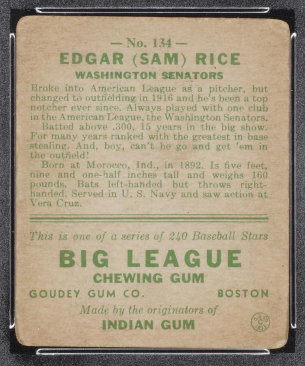 1933 Goudey #134 Edgar (Sam) Rice Washington Senators - Back