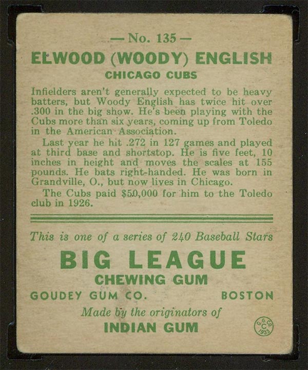 1933 Goudey #135 Elwood (Woody) English Chicago Cubs - Back