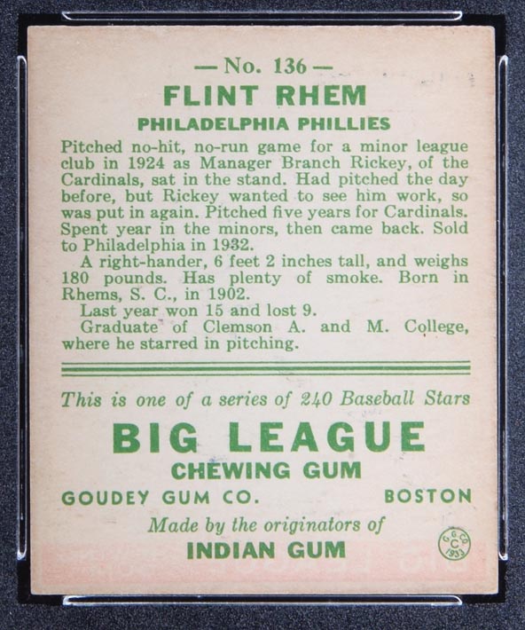 1933 Goudey #136 Flint Rhem Philadelphia Phillies - Back