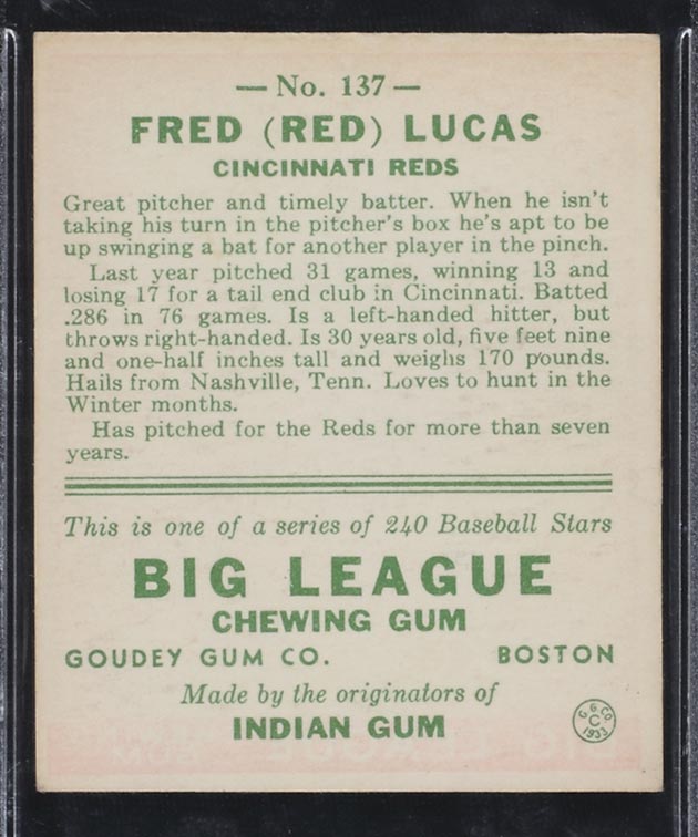 1933 Goudey #137 Fred (Red) Lucas Cincinnati Reds - Back