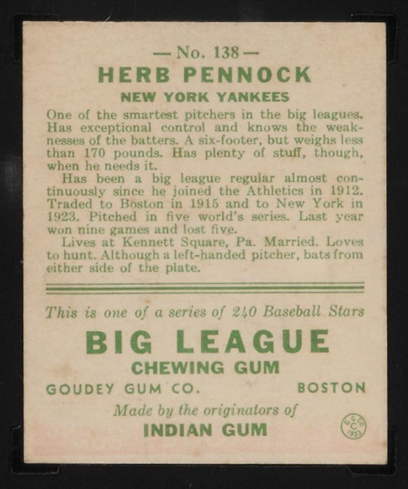 1933 Goudey #138 Herb Pennock New York Yankees - Back