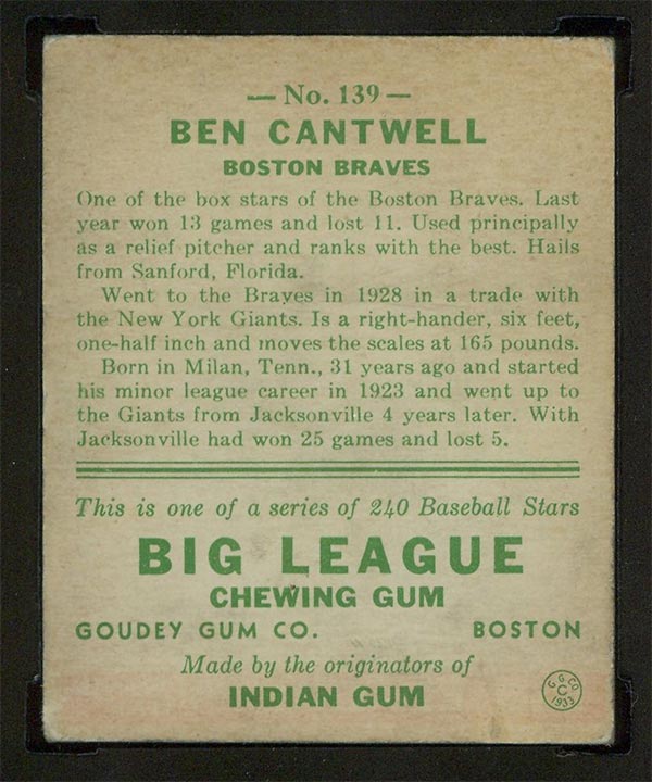 1933 Goudey #139 Ben Cantwell Boston Braves - Back