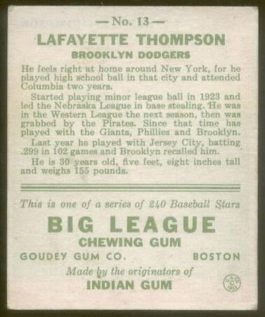 1933 Goudey #13 Lafayette Thompson Brooklyn Dodgers - Back