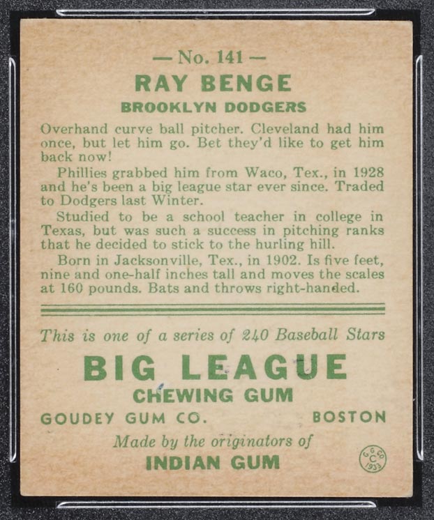 1933 Goudey #141 Ray Benge Brooklyn Dodgers - Back