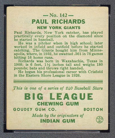 1933 Goudey #142 Paul Richards New York Giants - Back