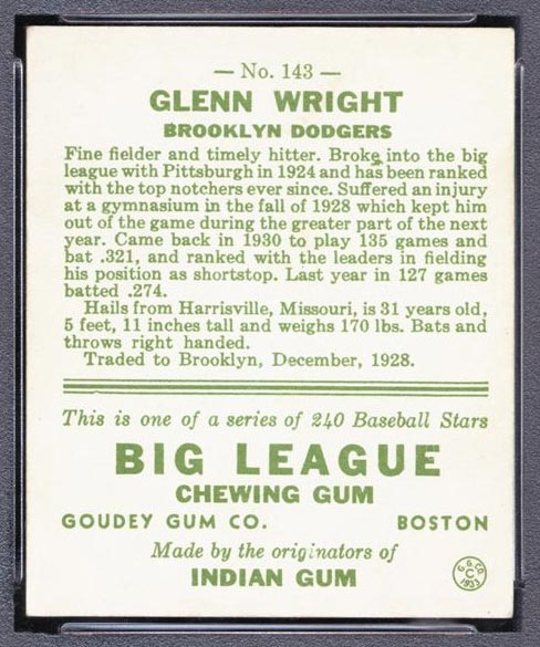 1933 Goudey #143 Glenn Wright Brooklyn Dodgers - Back