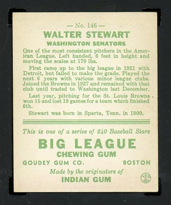 1933 Goudey #146 Walter Stewart Washington Senators - Back