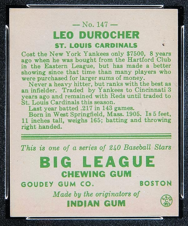 1933 Goudey #147 Leo Durocher St. Louis Cardinals - Back