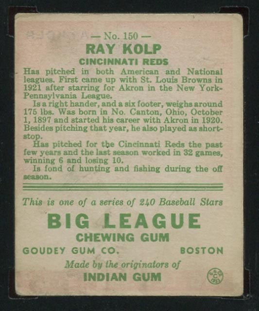 1933 Goudey #150 Ray Kolp Cincinnati Reds - Back