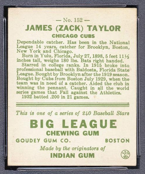 1933 Goudey #152 James (Zack) Taylor Chicago Cubs - Back