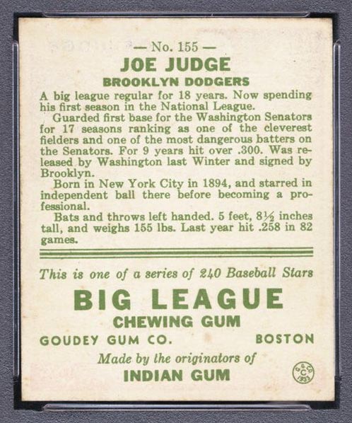 1933 Goudey #155 Joe Judge Brooklyn Dodgers - Back