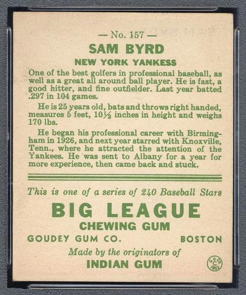 1933 Goudey #157 Sam Byrd New York Yankees - Back