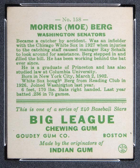 1933 Goudey #158 Morris (Moe) Berg Washington Senators - Back