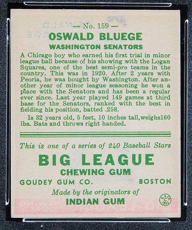 1933 Goudey #159 Oswald Bluege Washington Senators - Back