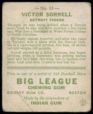 1933 Goudey #15 Victor Sorrell Detroit Tigers - Back