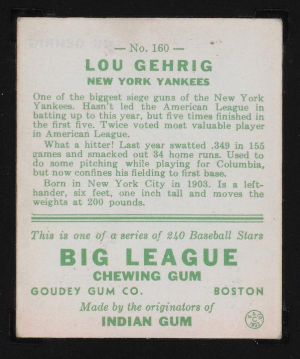 1933 Goudey #160 Lou Gehrig New York Yankees - Back