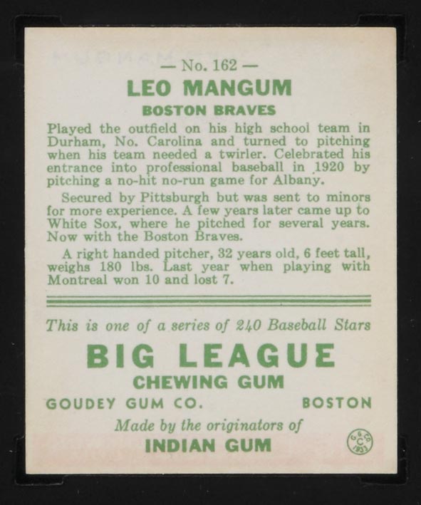 1933 Goudey #162 Leo Mangum Boston Braves - Back