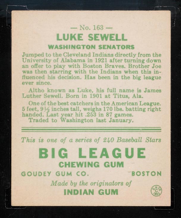 1933 Goudey #163 Luke Sewell Washington Senators - Back